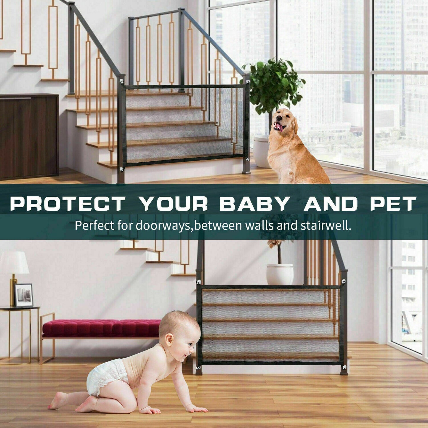 Portable Mesh Pet Safety Gate – Magic Retractable Barrier for Doors & Stairs